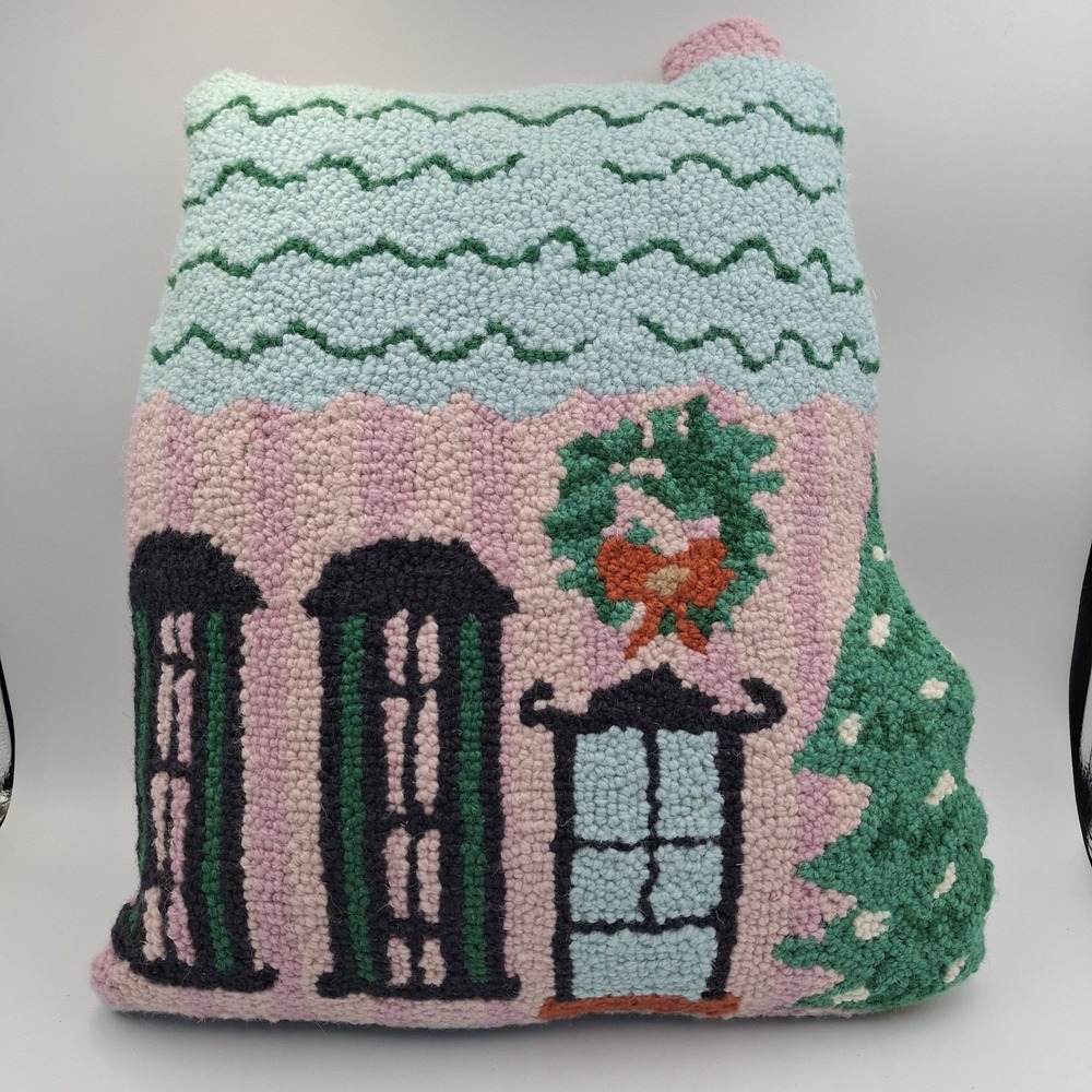 Peking Handicraft Holly Stripe Shaped House Hooked Pillow 16x18 Wool Christmas